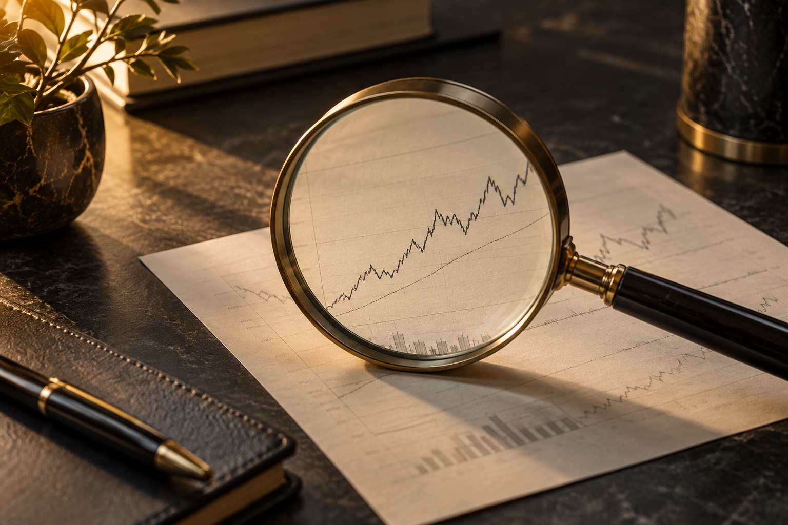 Illustrative magnifying glass examining a financial chart